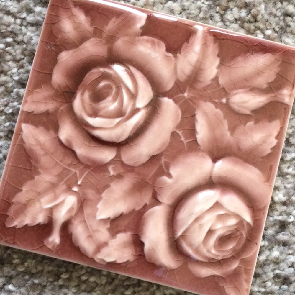 2 Antique Art Tiles - Rose With Relief + Iron Cross